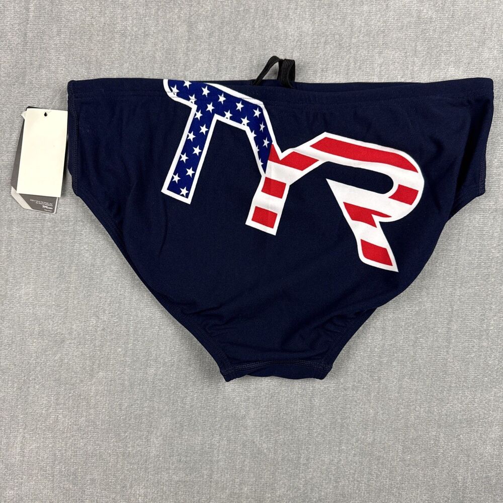 TYR Racer Brief Men's 36 Durafast One Blue Big Logo UPF 50+ Drawstring New